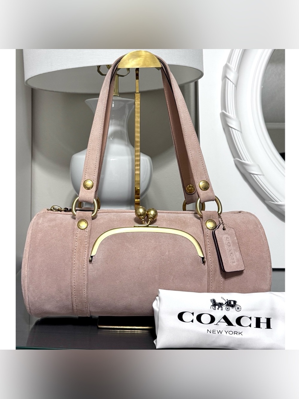 COACH Kisslock Medium Suede Barrel Bag, NUAGE - Picture 2 of 9